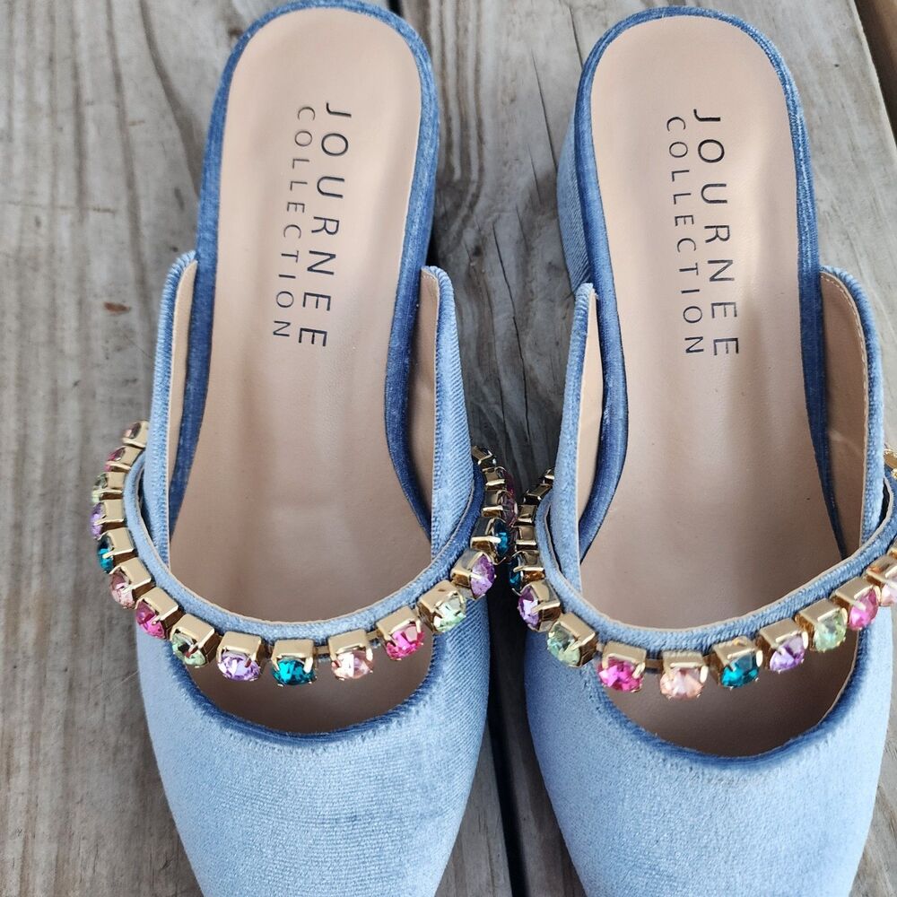 New In Box Journee Collection Light Blue Velor Embellished Jewelled Mules Sz 5.5 - Picture 9 of 16